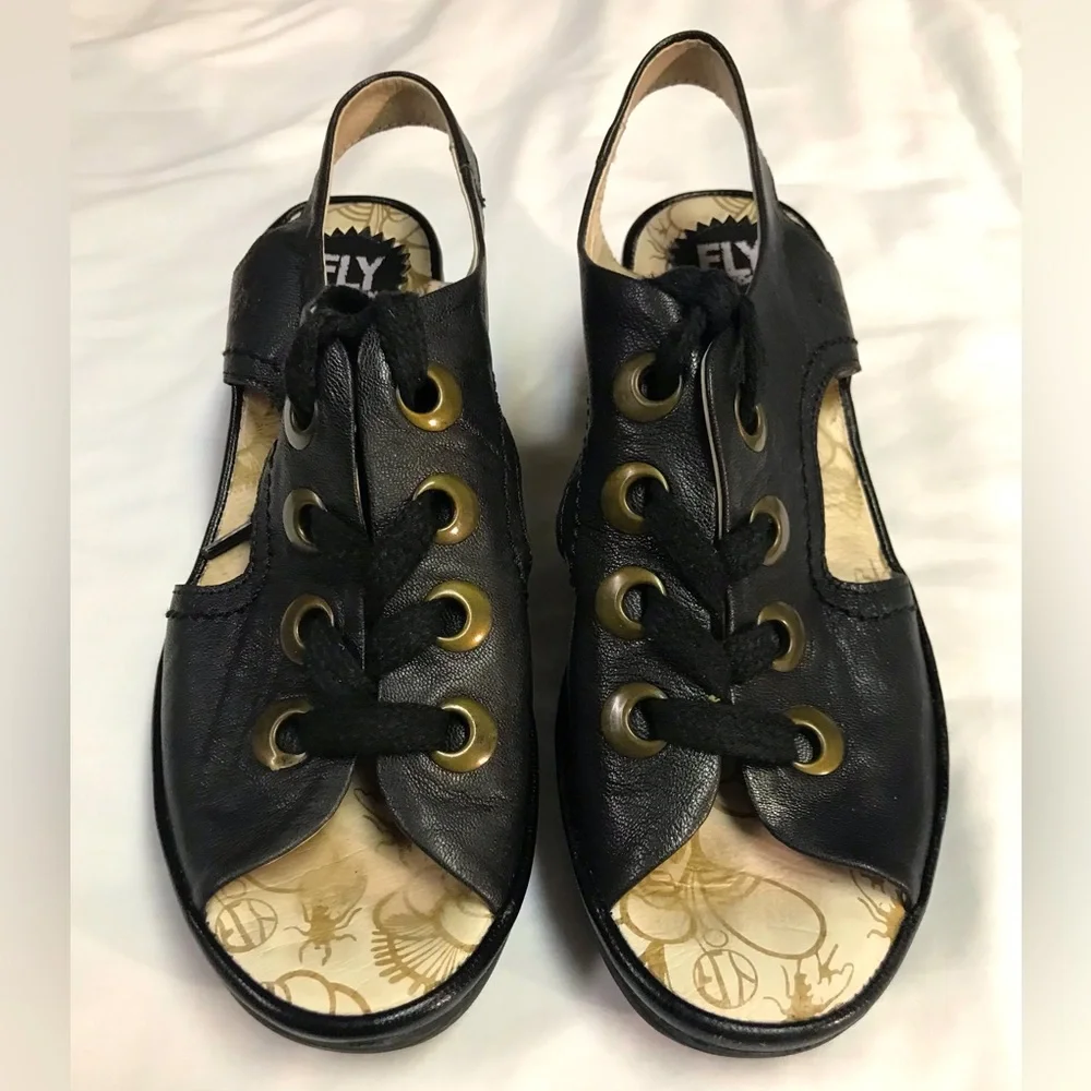Fly London Yuta Black Lace Up Peep Toe Wedge Heel Sandals - Picture 1 of 8